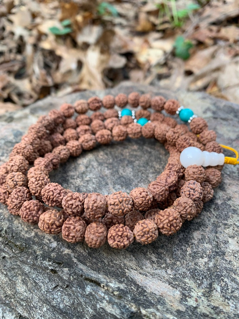 108 Rudraksha Japa Mala with Himalayan Turquoise & Moonstone Prayer Beads – Handmade in Nepal