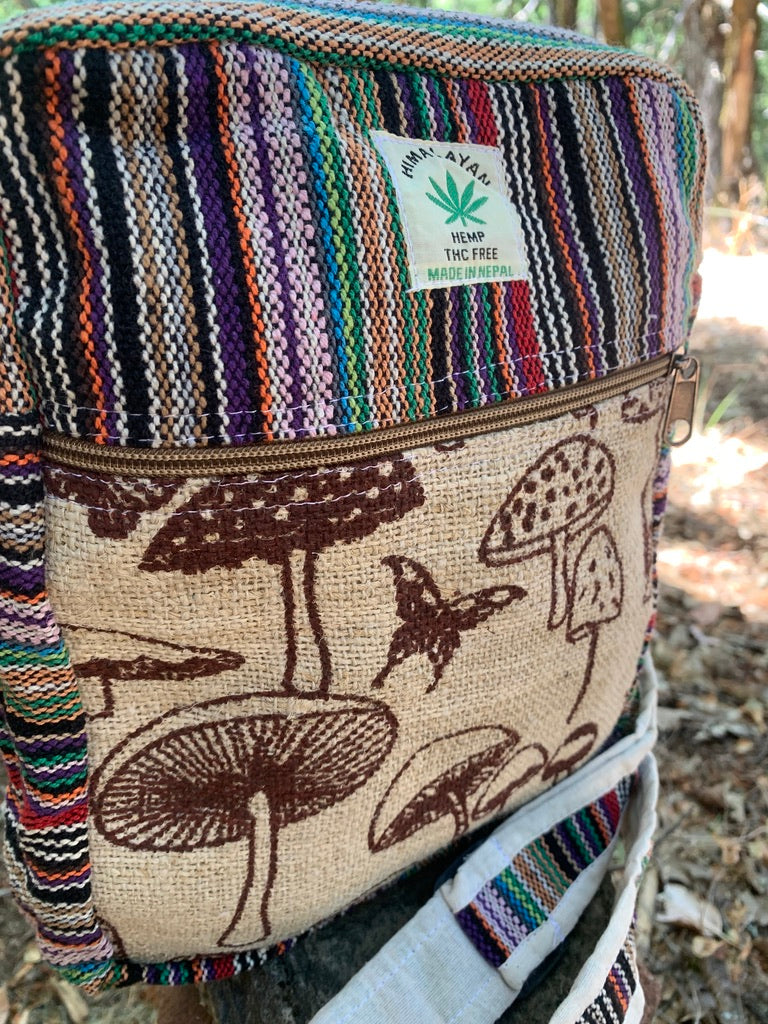 Hemp Shoulder Bag Purse with Mushroom print