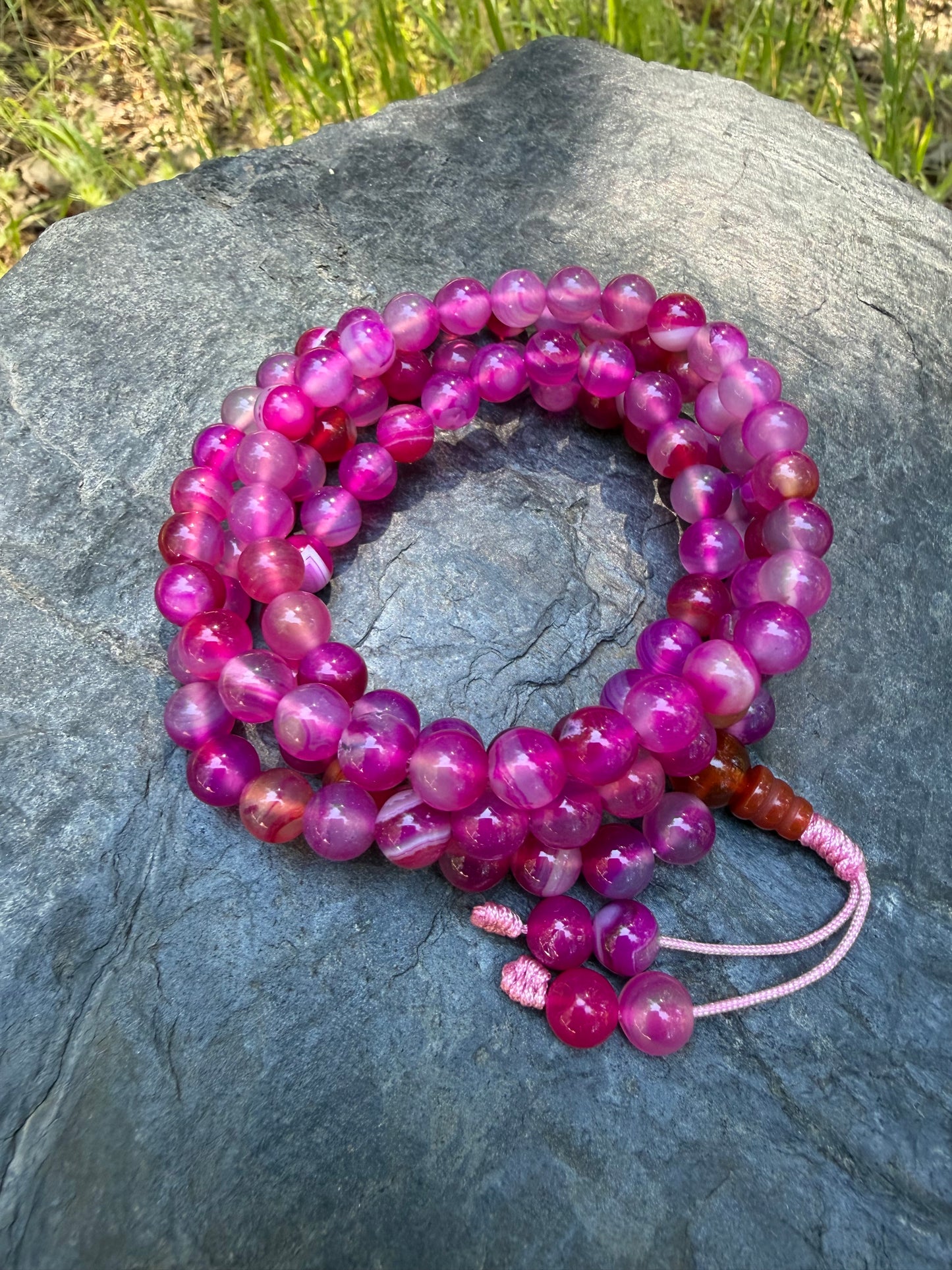 Pink Agate Gemstone Necklace Mala