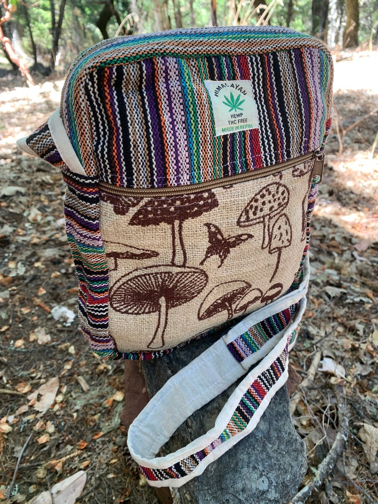 Hemp Shoulder Bag Purse with Mushroom print