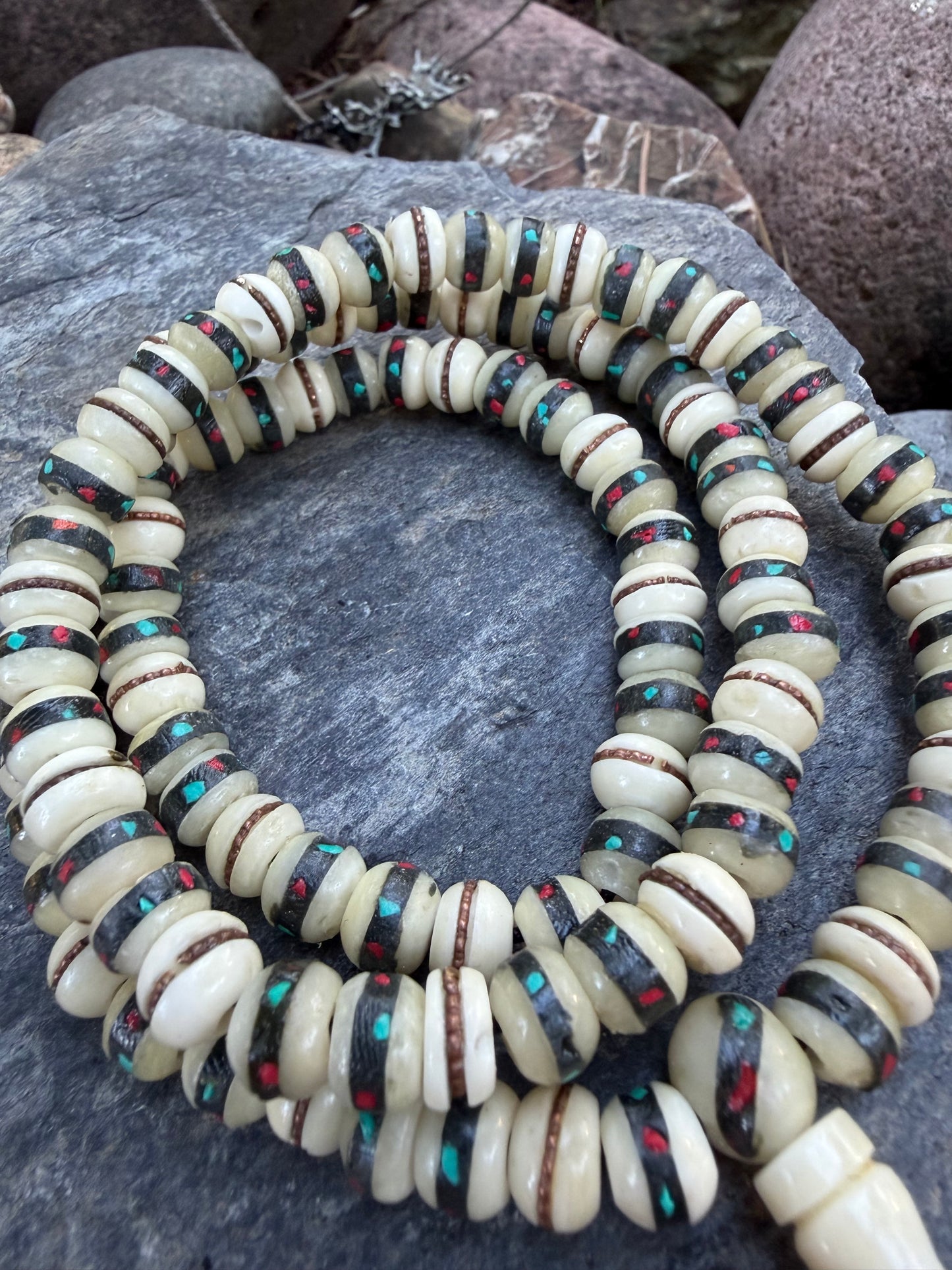 108 Himalayan Yak Bone Mala with Turquoise & Red Coral Inlay