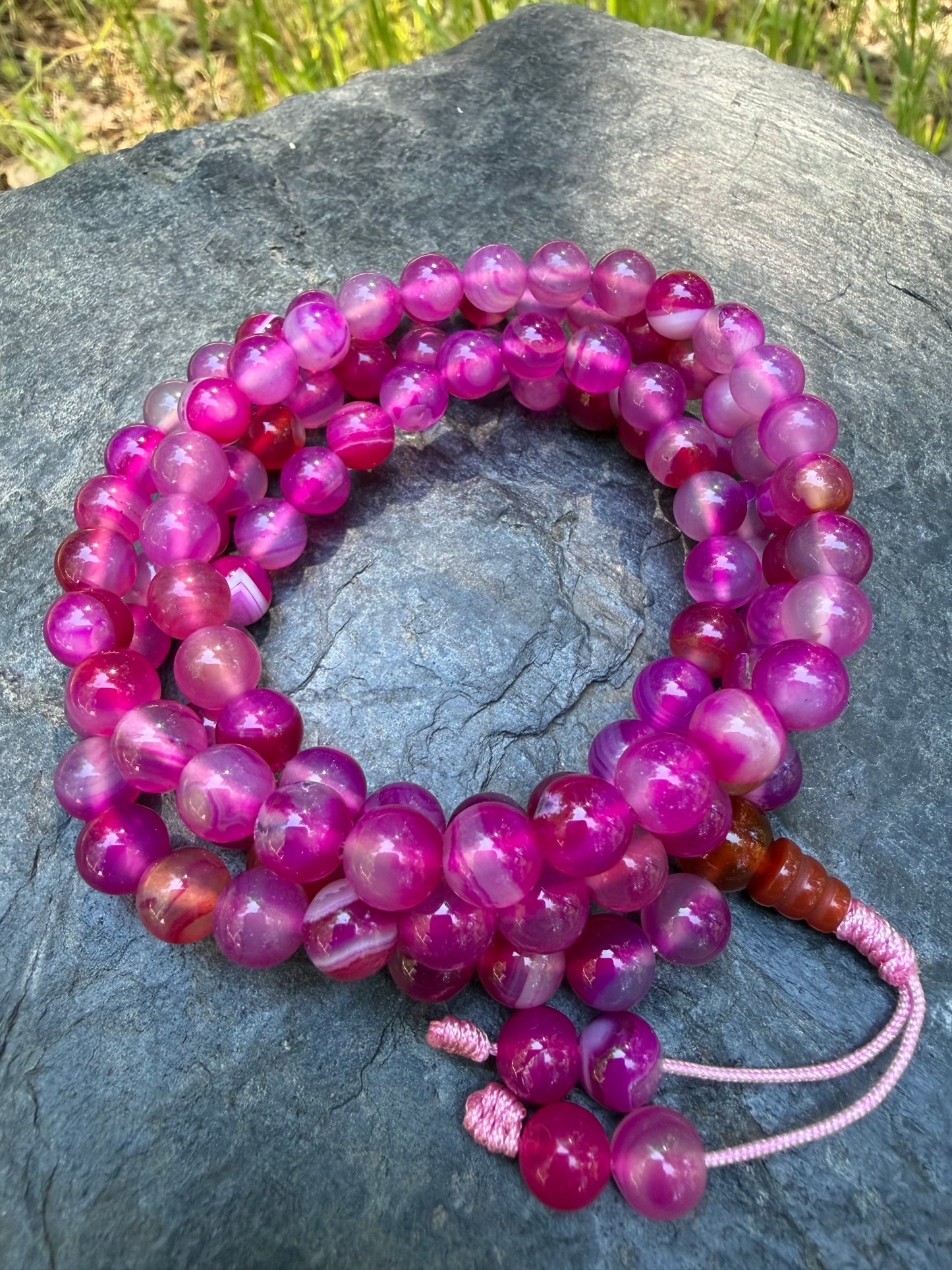 Pink Agate Gemstone Necklace Mala