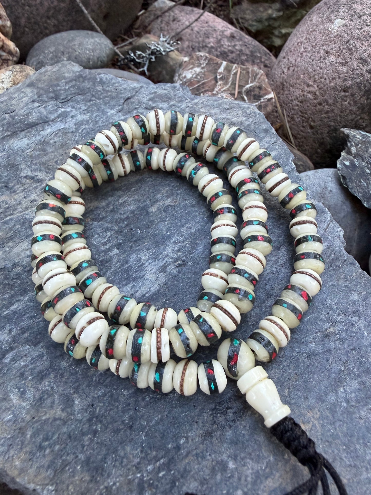 108 Himalayan Yak Bone Mala with Turquoise & Red Coral Inlay
