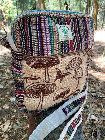 Hemp Shoulder Bag Purse with Mushroom print