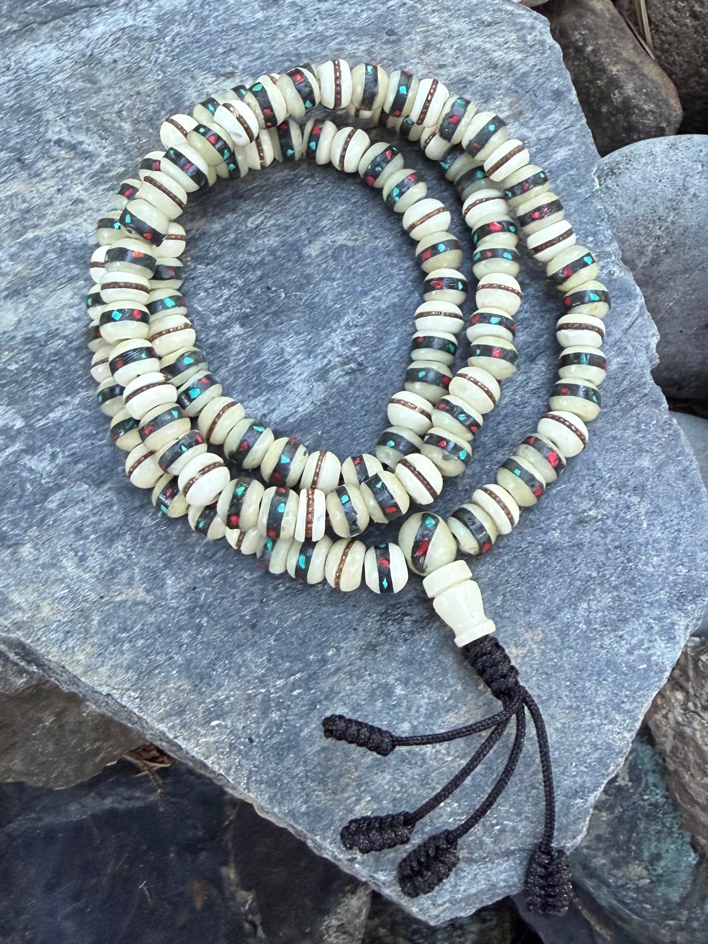 yak bone mala with turquoise and coral