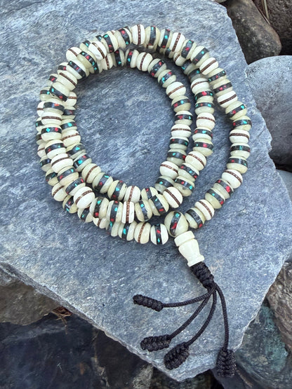 yak bone mala with turquoise and coral