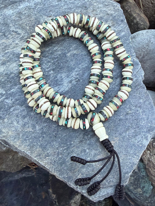 yak bone mala with turquoise and coral