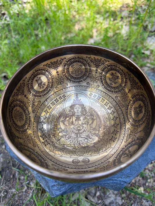 Tibetan Singing Bowl Set – White Tara 8 Auspicious Symbols | Handmade in Nepal Sound Bowl (6")
